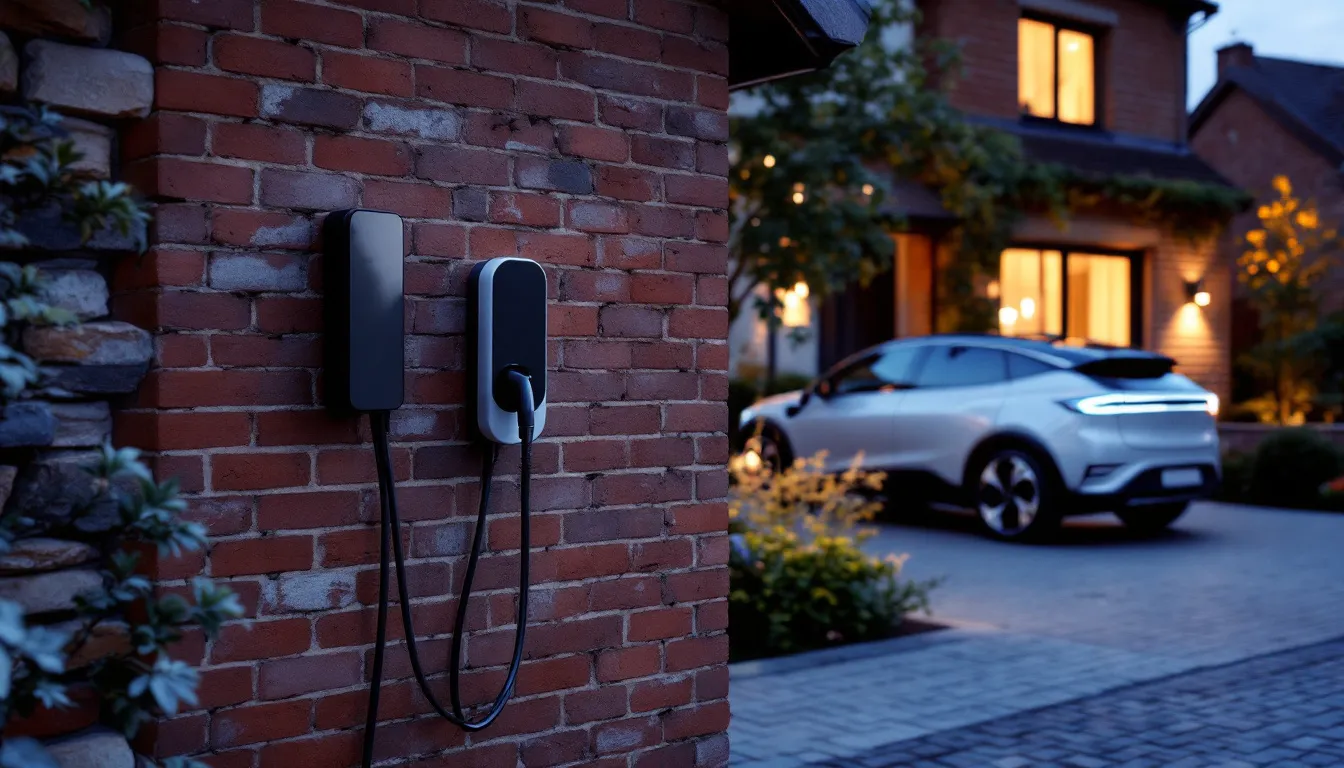 EV charger installation in North Yorkshire: wall-mounted charge point on a brick house with an electric car on the driveway