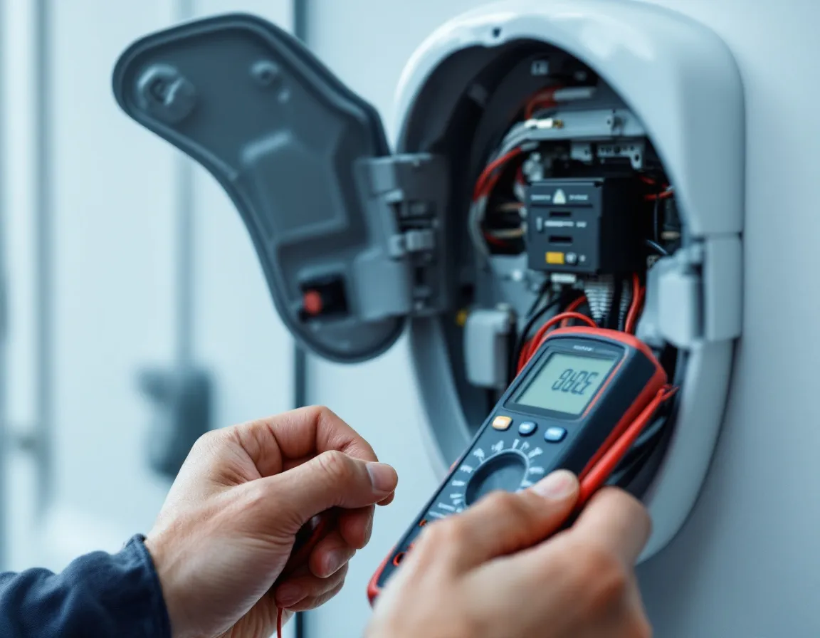 Engineer testing and certifying a home EV charger installation with a multimeter