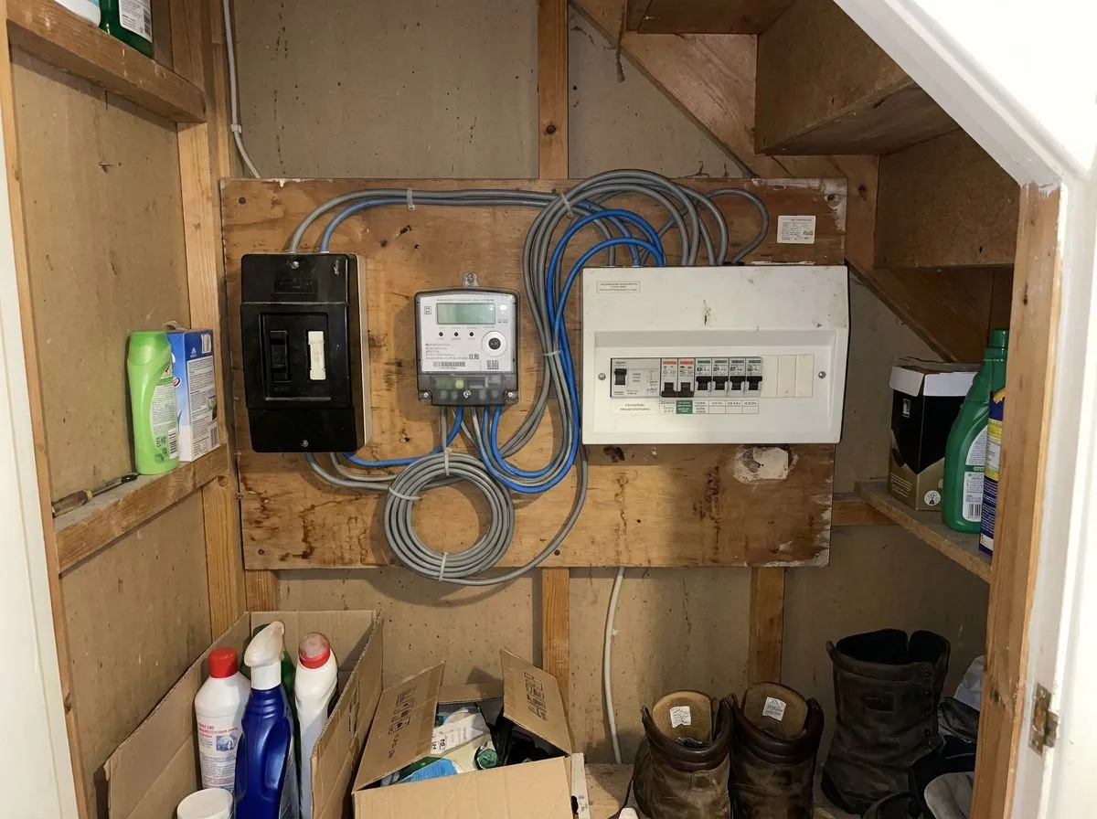 Typical main electricity supply equipment inside a UK home: meter, cutout fuse and consumer unit on a board