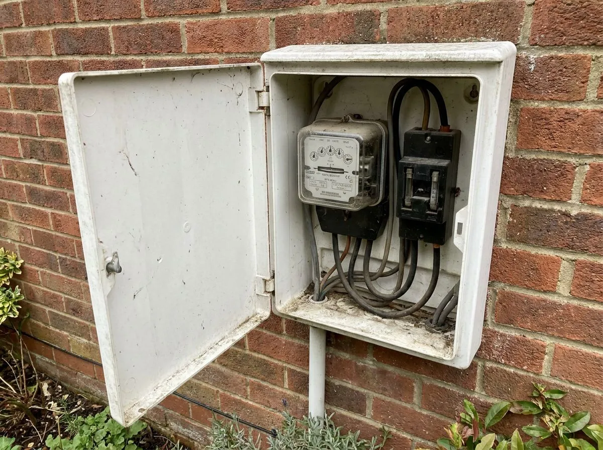 Typical outside electricity meter box on a brick wall with the door open